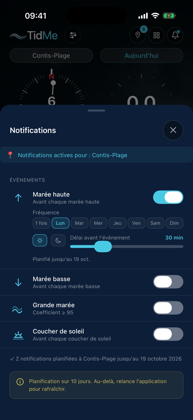 Réglages des notifications de marée dans TidMe : évènements, délai d'avance, jours de la semaine.