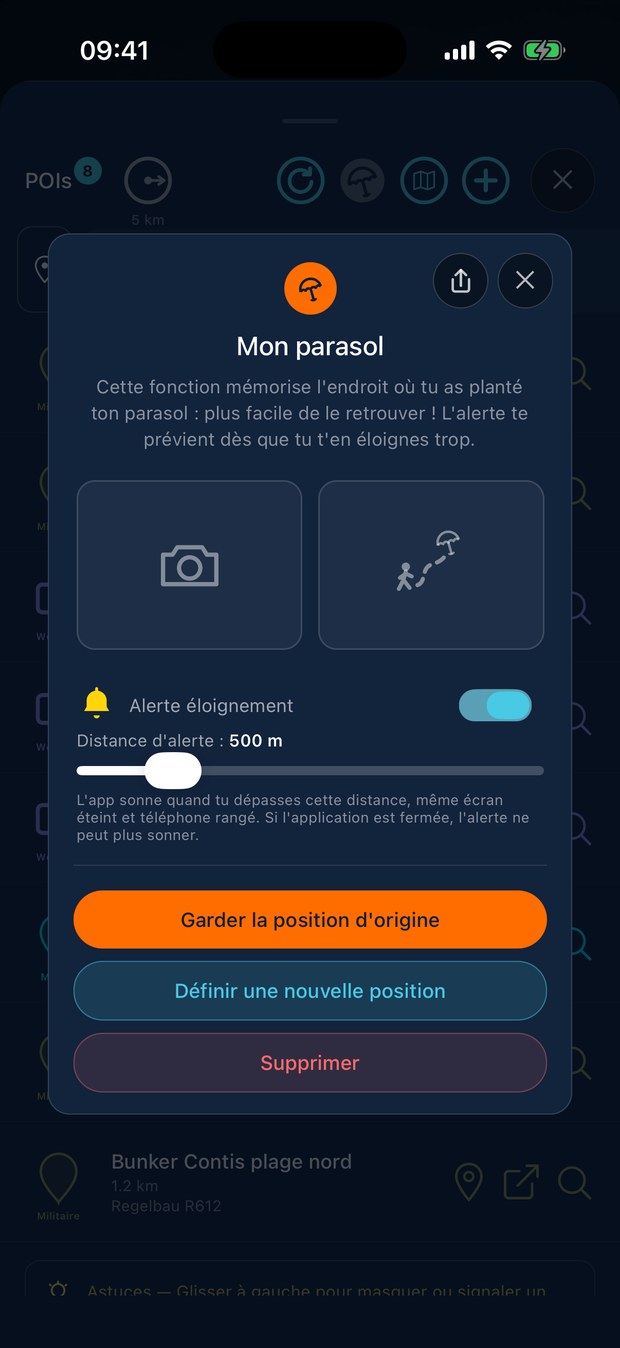 Réglage « Mon parasol » dans TidMe : le repère est posé, l'alerte d'éloignement est activée et la distance réglée à 500 mètres.